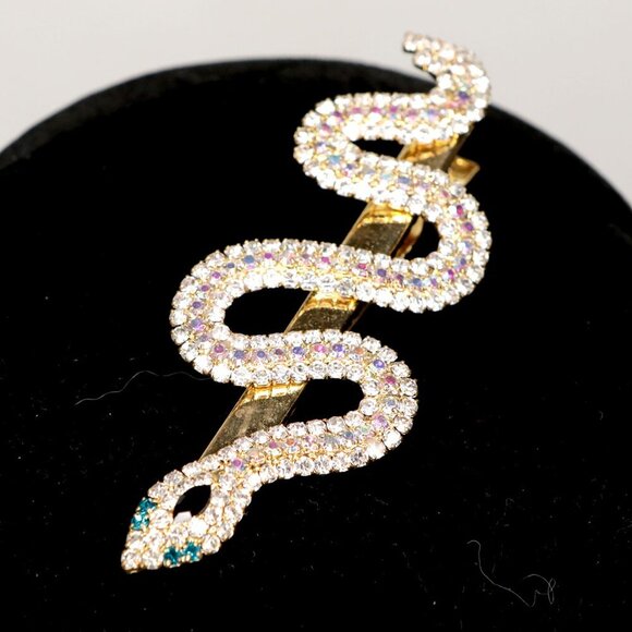 Snake Rhinestone Hair Alligator Clip Gold Crystal Gem Shiny Prom Wedding Glamour - Picture 7 of 8